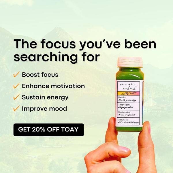 A clean, lifestyle-oriented ad for a focus-boosting energy supplement, utilizing a simple list of core benefits paired with a clear product shot.